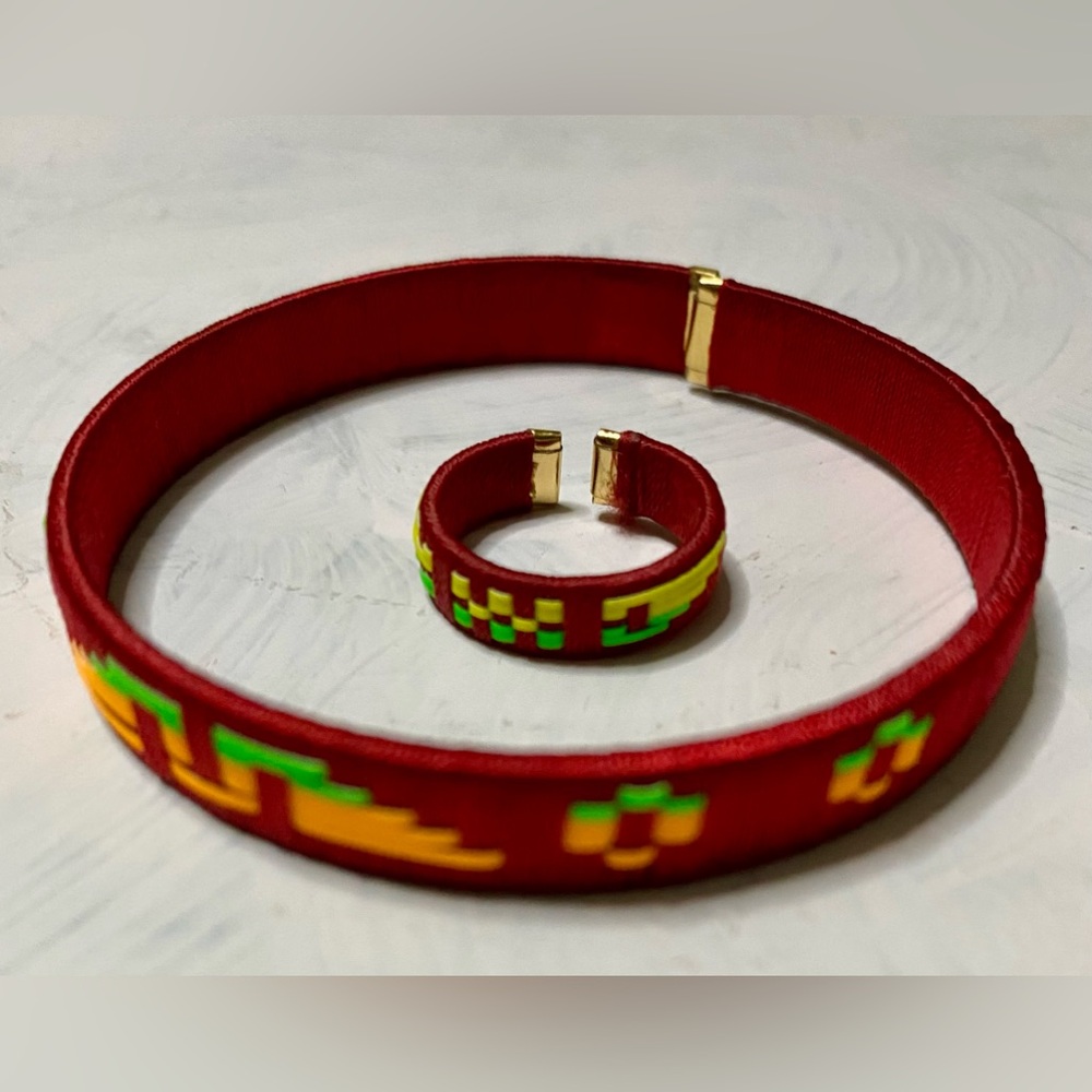 🥋Bracelet and ring set, gold-colored metal band and handmade thread🥋#REDB&A